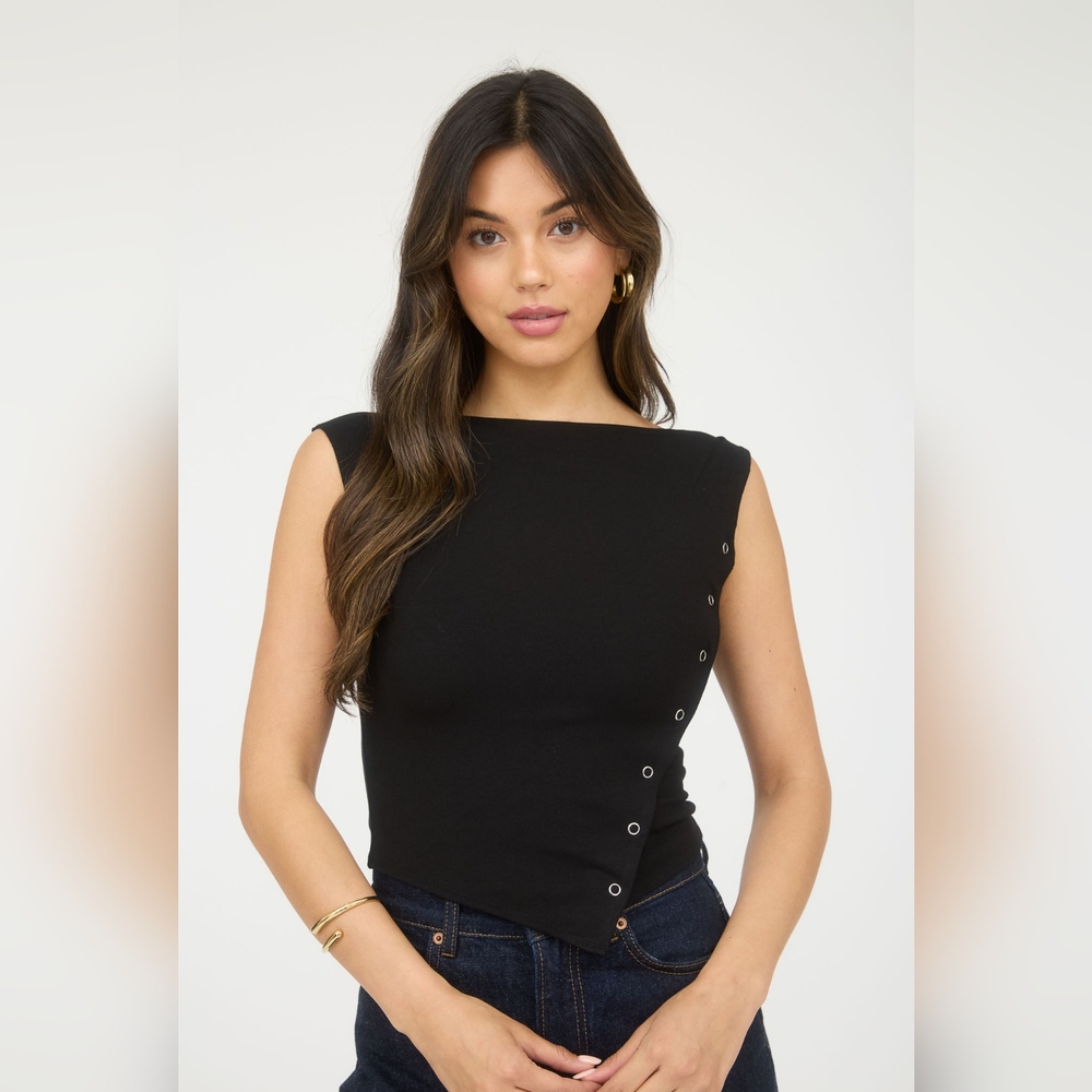 Black Asymmetrical Snap Button-Detail Women's Top